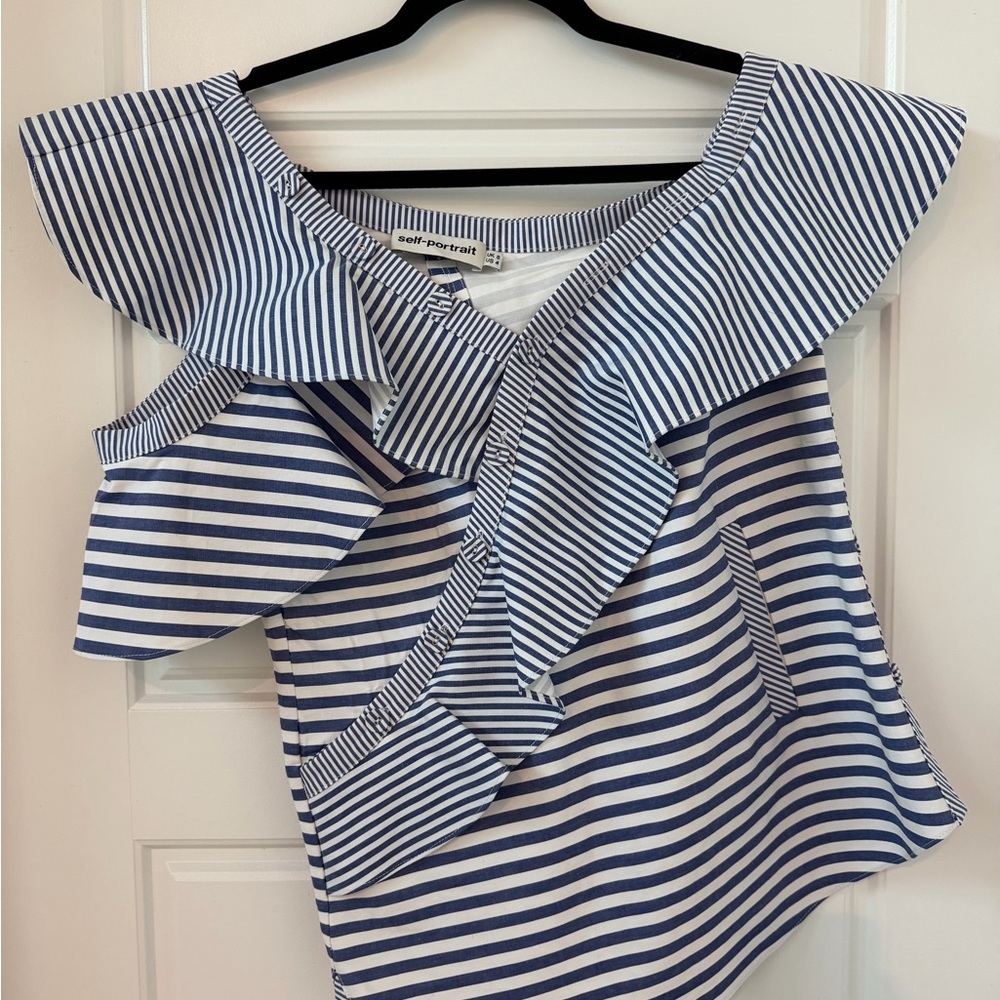 Self-Portrait Blue and White Striped Ruffle Blouse